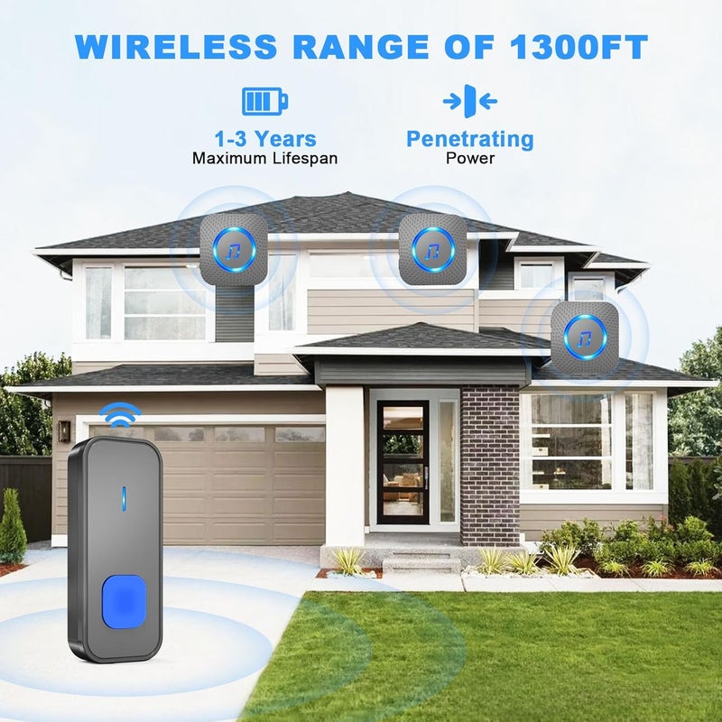 SURFOU Wireless Doorbell, Waterproof, Easy installation -1300ft Range 55 Chimes, 5 Adjustable Volume Levels - LED Flash (1 Buttons + 3 Receivers) - Image 4